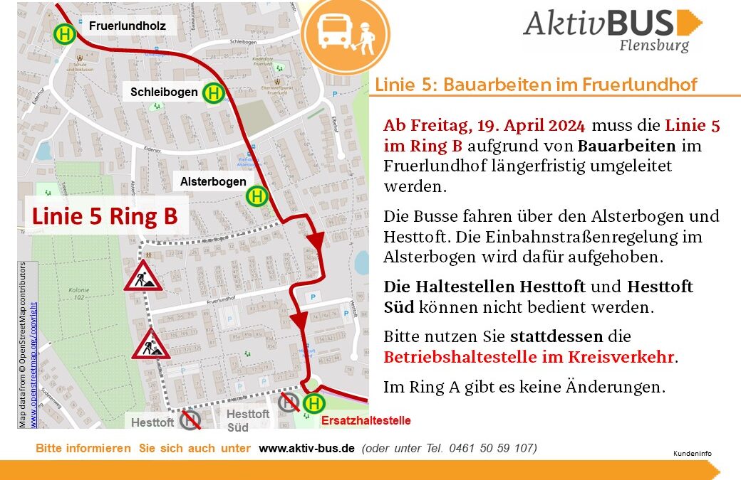 Linie 5 Ring B: Änderung der Umleitung Fruerlundhof ab 19.4.24