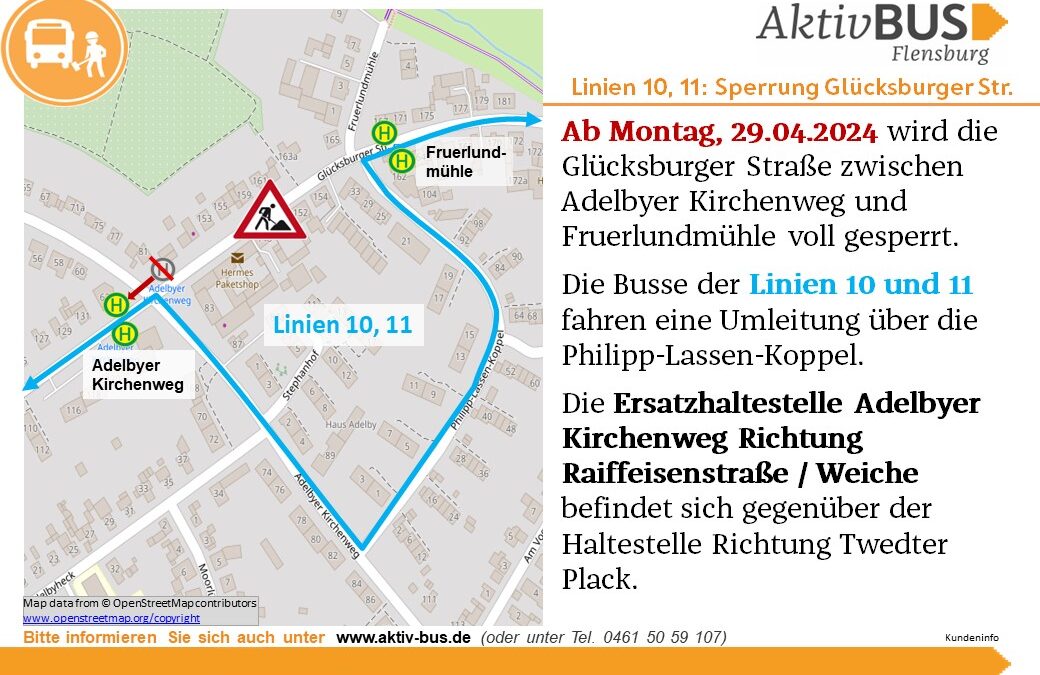 Linien 10, 11: Sperrung der Glücksburger Straße ab 29.4.24