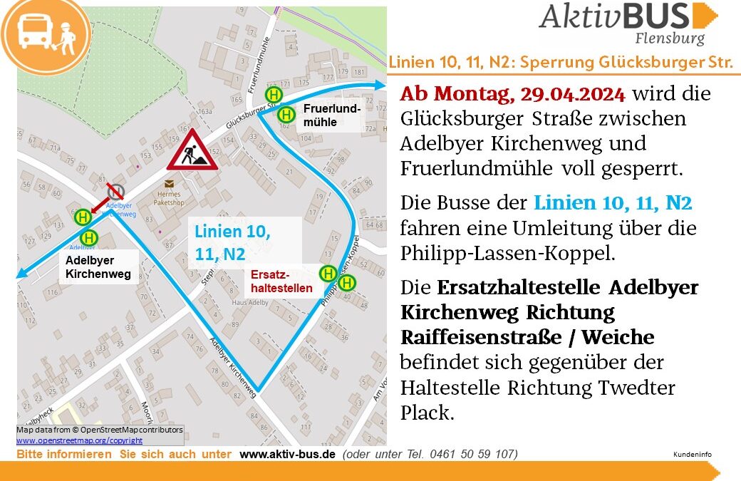 Linien 10, 11, N2: Sperrung der Glücksburger Straße ab 29.4.24