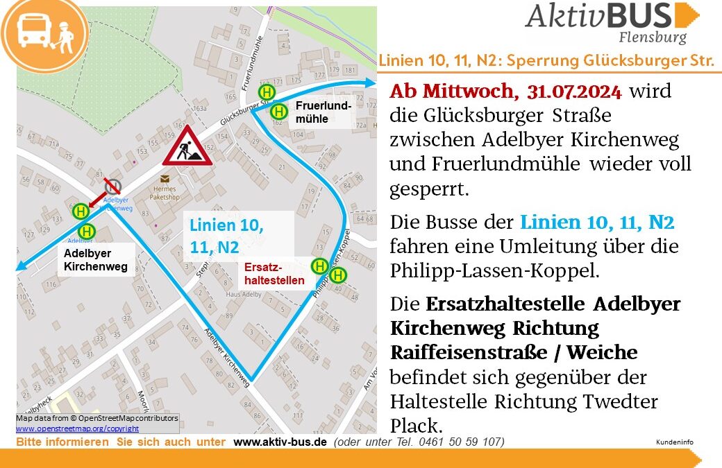 Linien 10, 11, N2: Sperrung der Glücksburger Straße ab 31.07.2024