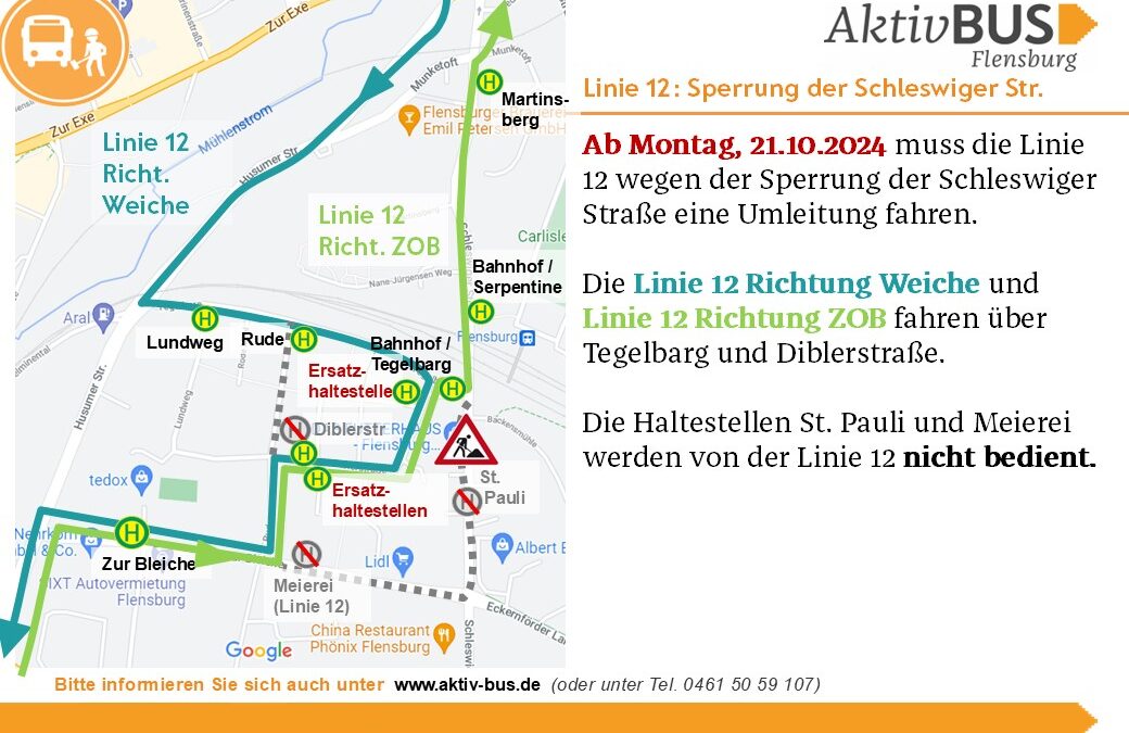 Linie 12: Sperrung der Schleswiger Str. ab 21.10.2024