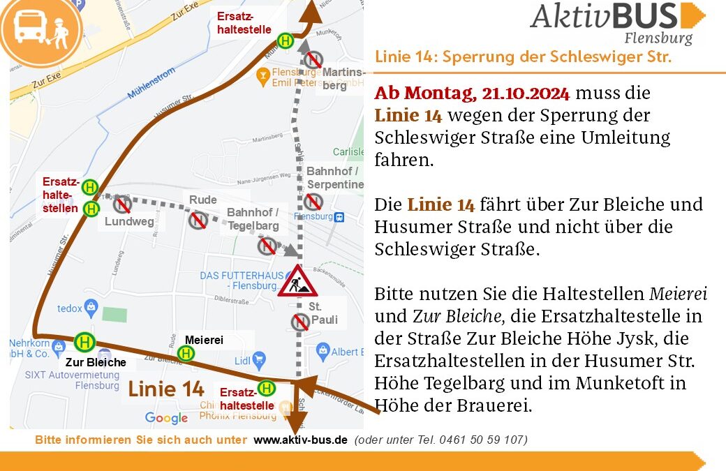 Linie 14: Sperrung der Schleswiger Str. ab 21.10.24