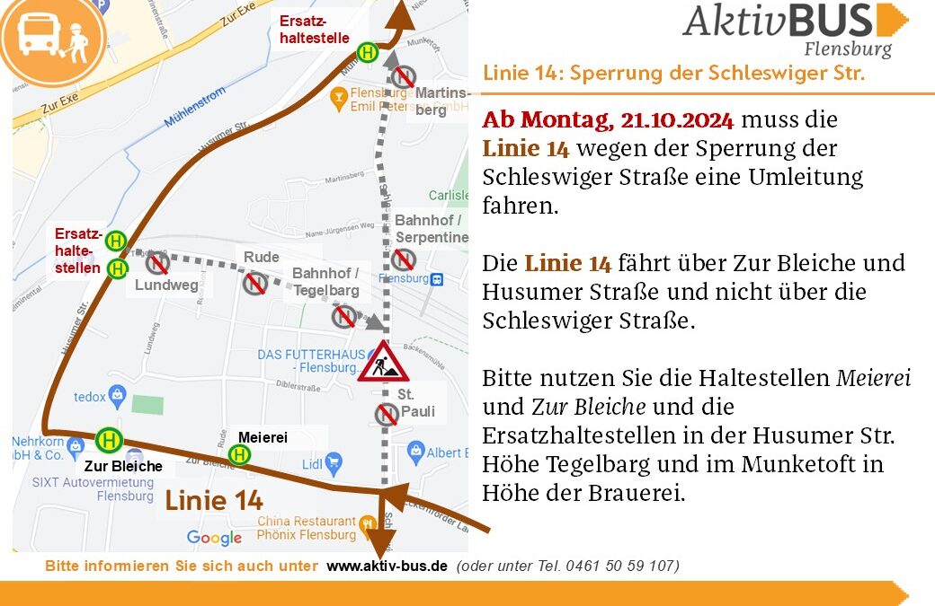 Linie 14: Sperrung der Schleswiger Str. ab 21.10.24