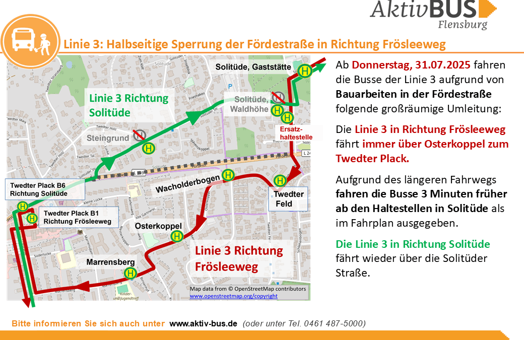 Linie 3: Umleitung zwischen Solitüde und Twedter Plack ab 31.7.25
