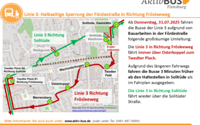 Linie 3: Umleitung zwischen Solitüde und Twedter Plack ab 31.7.25