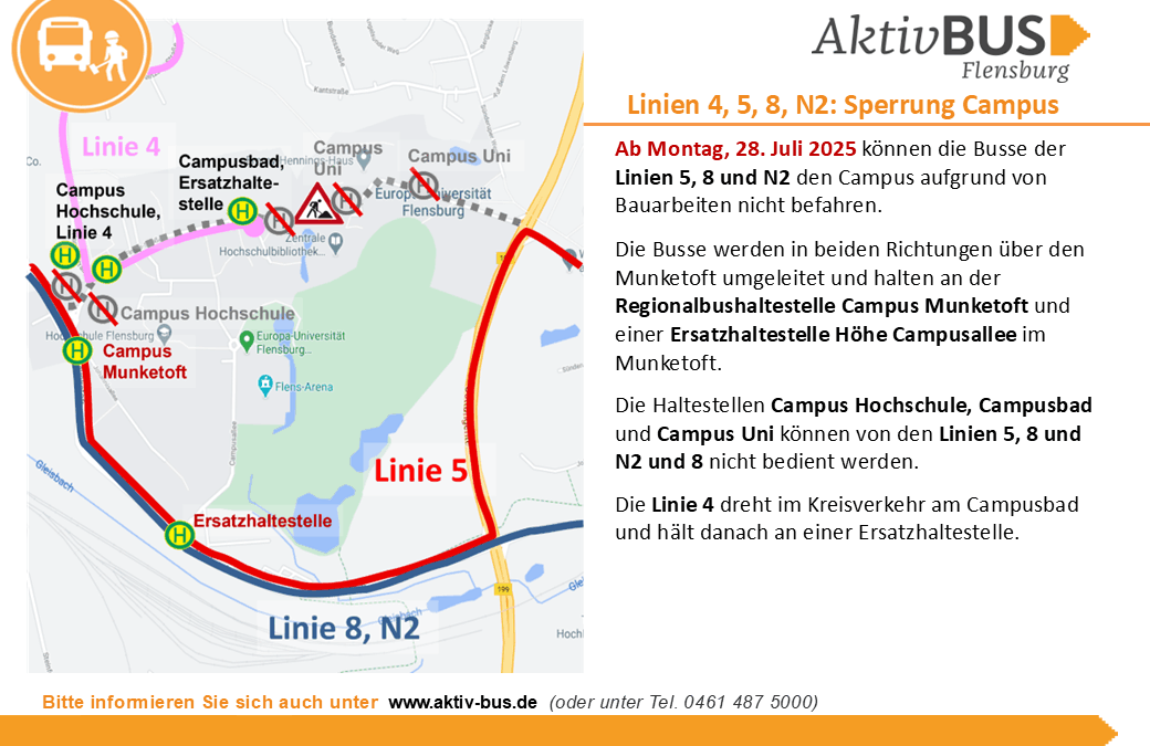 Linien 4, 5, 8, N2: Sperrung Campus ab 28.07.25