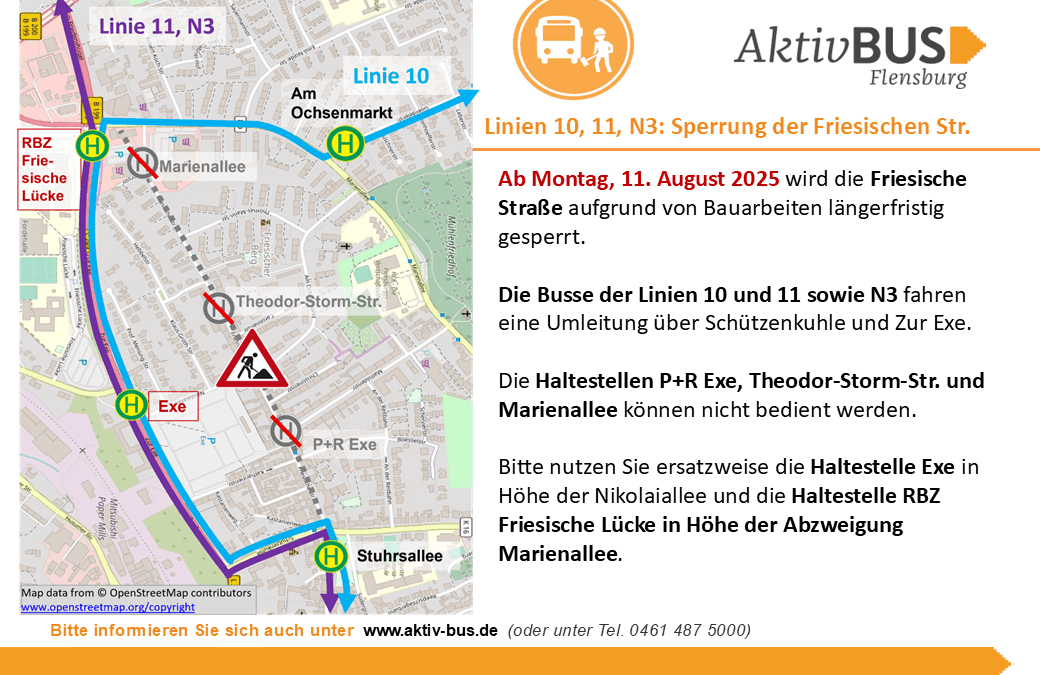 Linien 10, 11, N3: Sperrung der Friesischen Straße ab 11.8.25