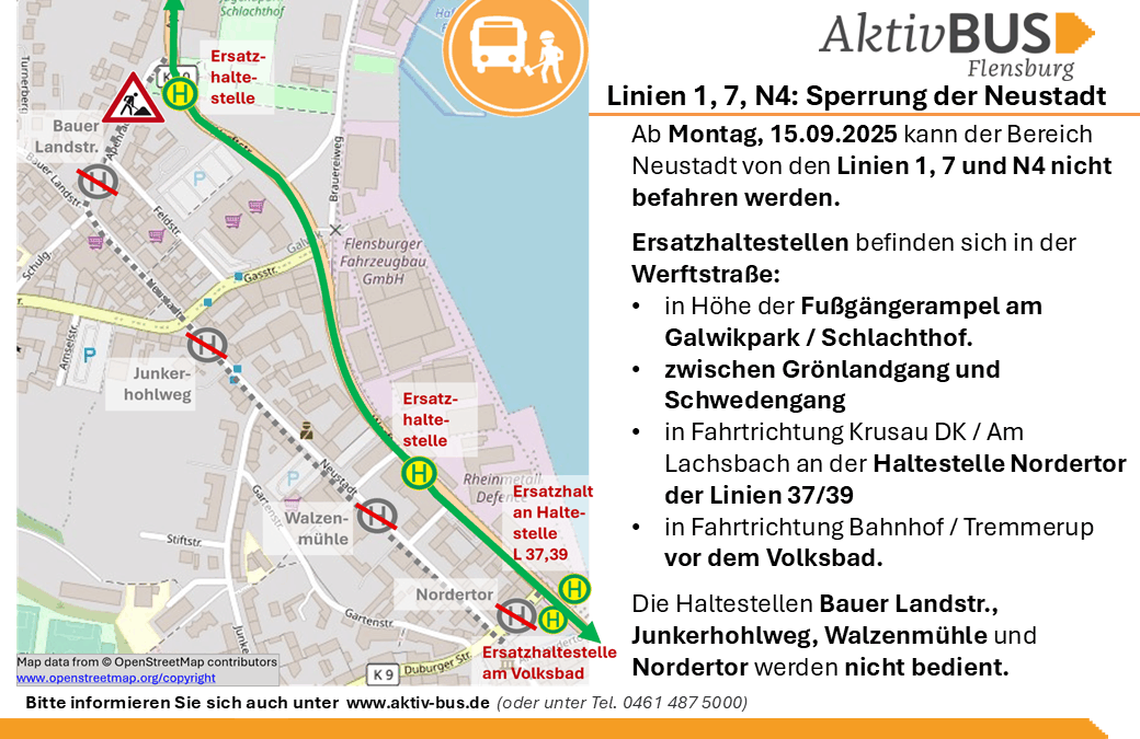 Linien 1, 7, N4: Sperrung der Apenrader Str. ab 15.9.25