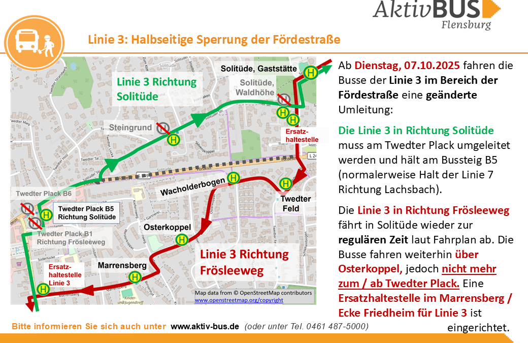 Linie 3: Geänderte Umleitung Fördestraße und Twedter Plack ab 7.10.25