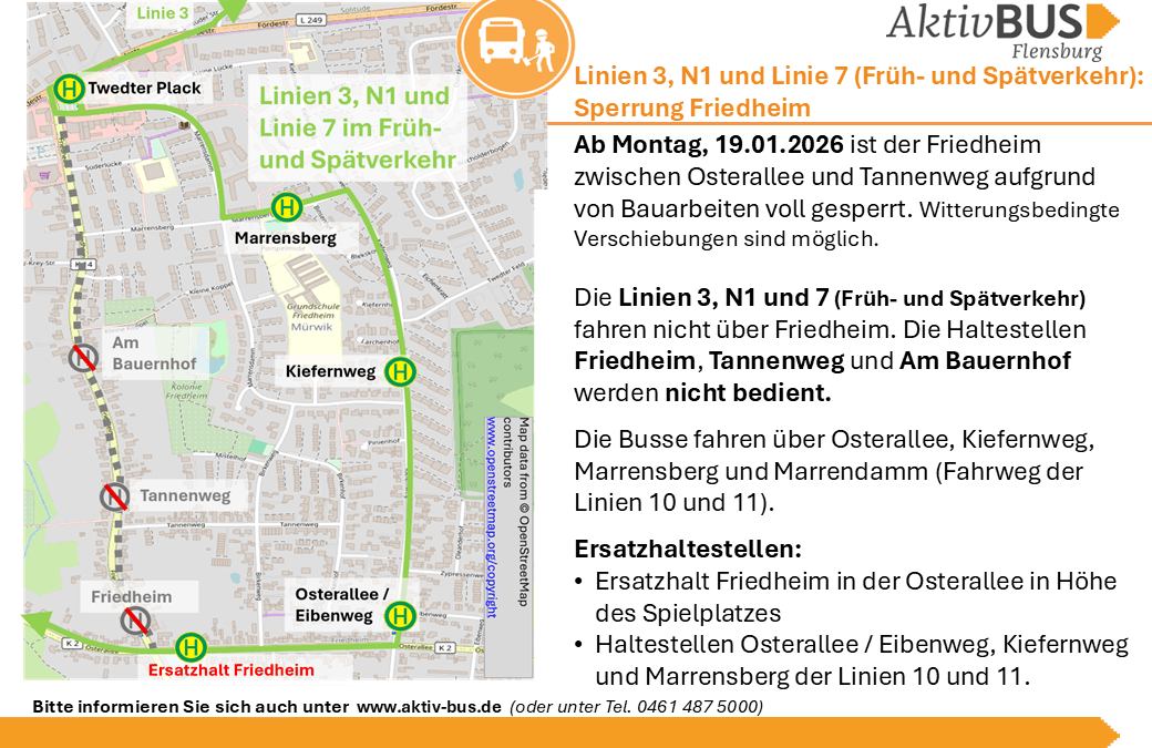 Linien 3, N1, 7: Sperrung Friedheim ab 19.1.26