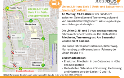 Linien 3, N1, 7: Sperrung Friedheim ab 19.1.26